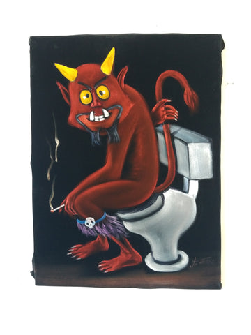 Devil Satan from South Park Satan on toilet bano bathroom : Original oil painting on black velvet by Santos Llamas size (24"x18") #sa234