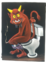 Devil Satan from South Park Satan on toilet bano bathroom : Original oil painting on black velvet by Santos Llamas size (24"x18") #sa234