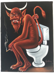 Devil Satan on toilet bano Baño bathroom shitter can portrait: Original oil painting on black velvet by Santos Llamas size (24"x18") #sa229