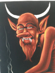 Devil Satan on toilet bano Baño bathroom shitter can portrait: Original oil painting on black velvet by Santos Llamas size (24"x18") #sa229