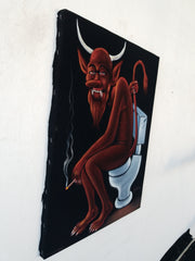 Devil Satan on toilet bano Baño bathroom shitter can portrait: Original oil painting on black velvet by Santos Llamas size (24"x18") #sa229