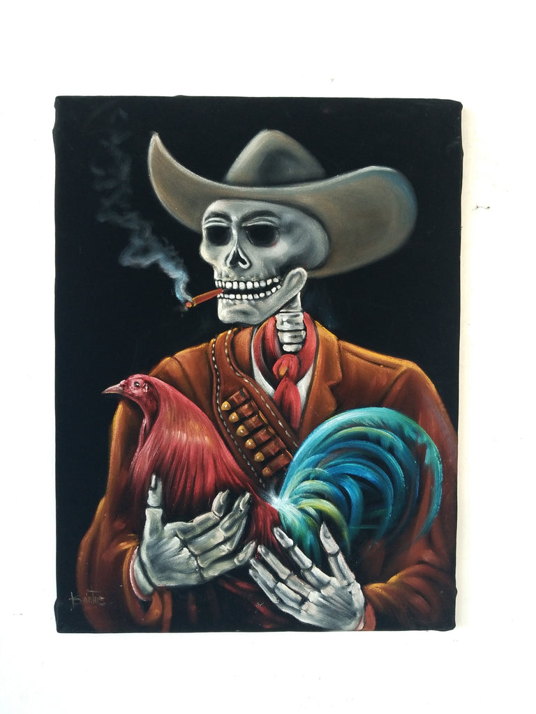 Cockfighter Rooster Gallo Calavera Skeleton Monster: Original oil painting on black velvet by Santos Llamas size (24"x18") #sa237