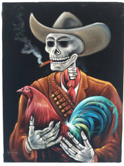 Cockfighter Rooster Gallo Calavera Skeleton Monster: Original oil painting on black velvet by Santos Llamas size (24"x18") #sa237