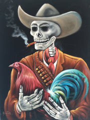 Cockfighter Rooster Gallo Calavera Skeleton Monster: Original oil painting on black velvet by Santos Llamas size (24"x18") #sa237