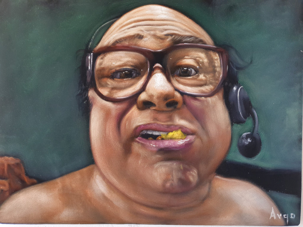 Danny DeVito portrait, Always Sunny in Philadelphia , eats peach, Classy Affair: Original oil on black velvet by Argo size (24"x18") a577-Ba12