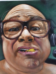 Danny DeVito portrait, Always Sunny in Philadelphia , eats peach, Classy Affair: Original oil on black velvet by Argo size (24"x18") a577-Ba12