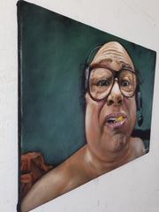 Danny DeVito portrait, Always Sunny in Philadelphia , eats peach, Classy Affair: Original oil on black velvet by Argo size (24"x18") a577-Ba12