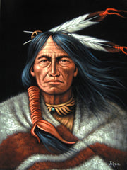 American Indian Portrait; Feathers; Original Oil Painting on Black Velvet ;   by Jorge Terrones -(size 18"x24")-p2 J014