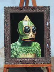 Sleestak portrait; Land of the Lost; Lizard man Sleestack, Original Oil painting on Black Velvet by Jorge Terrones - #j252-v2