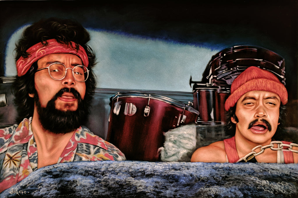 Cheech and Chong: Up in Smoke  ; Tommy Chong; Cheech Marin; Original Oil painting on Black Velvet by Jorge Terrones (24"x36")- #J444