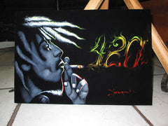 Bob Marley 420 Weed Time ; cannabis;marijuana;smoking ; Original Oil painting on Black Velvet by Zenon Matias Jimenez- #JM106