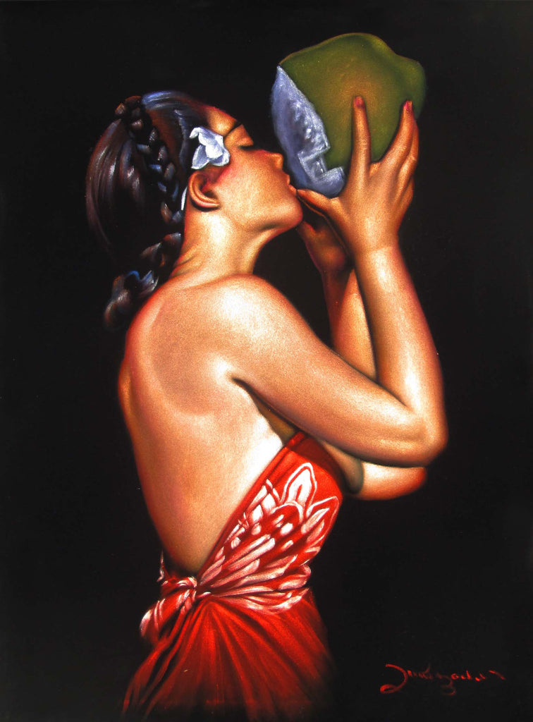 Polynesian Girl with Coconut ; "Nectar" reproduction of an Edgar Leeteg Oil; on Black Velvet by Zenon Matias Jimenez- #JM119
