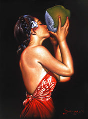 Polynesian Girl with Coconut ; "Nectar" reproduction of an Edgar Leeteg Oil; on Black Velvet by Zenon Matias Jimenez- #JM119