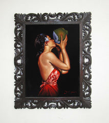 Polynesian Girl with Coconut ; "Nectar" reproduction of an Edgar Leeteg Oil; on Black Velvet by Zenon Matias Jimenez- #JM119