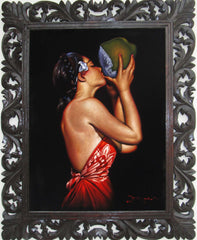 Polynesian Girl with Coconut ; "Nectar" reproduction of an Edgar Leeteg Oil; on Black Velvet by Zenon Matias Jimenez- #JM119