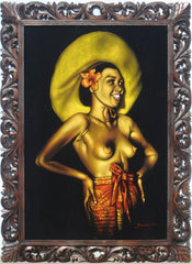 Nude Hina Rapa ; Polynesian topless nude; reproduction of an Edgar Leeteg Hawaiian Oil; on Black Velvet by Zenon Matias Jimenez- JM122