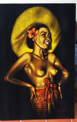 Nude Hina Rapa ; Polynesian topless nude; reproduction of an Edgar Leeteg Hawaiian Oil; on Black Velvet by Zenon Matias Jimenez- JM122