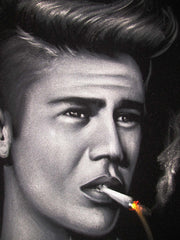 Justin Bieber portrait; smoking; Original Oil painting on Black Velvet by Zenon Matias Jimenez- #JM127