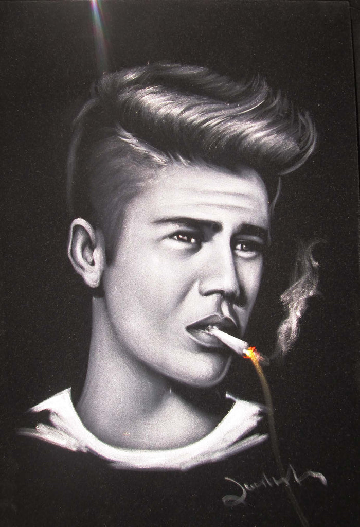 Justin Bieber portrait; smoking; Original Oil painting on Black Velvet by Zenon Matias Jimenez- #JM127