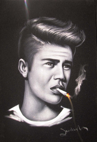 Justin Bieber portrait; smoking; Original Oil painting on Black Velvet by Zenon Matias Jimenez- #JM127