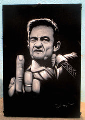 Johnny Cash portrait; Middle Finger ; Original Oil painting on Black Velvet by Zenon Matias Jimenez- #JM140