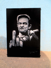 Johnny Cash portrait; Middle Finger ; Original Oil painting on Black Velvet by Zenon Matias Jimenez- #JM140
