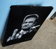 Johnny Cash portrait; Middle Finger ; Original Oil painting on Black Velvet by Zenon Matias Jimenez- #JM140