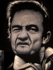Johnny Cash portrait; Middle Finger ; Original Oil painting on Black Velvet by Zenon Matias Jimenez- #JM140