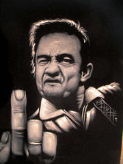 Johnny Cash portrait; Middle Finger ; Original Oil painting on Black Velvet by Zenon Matias Jimenez- #JM140