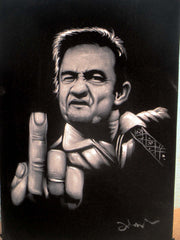 Johnny Cash portrait; Middle Finger ; Original Oil painting on Black Velvet by Zenon Matias Jimenez- #JM140