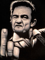 Johnny Cash portrait; Middle Finger ; Original Oil painting on Black Velvet by Zenon Matias Jimenez- #JM140