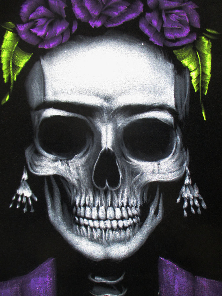 Frida Kahlo de Rivera portrait; Calavera de Frida Kahlo ; Original Oil painting on Black Velvet by Zenon Matias Jimenez- #JM141