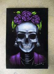 Frida Kahlo de Rivera portrait; Calavera de Frida Kahlo ; Original Oil painting on Black Velvet by Zenon Matias Jimenez- #JM141