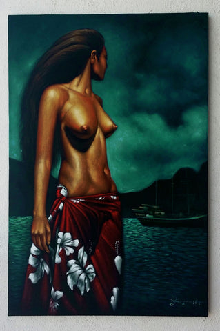 Nude; Polynesian topless nude; Hawaiian; Original Oil painting on Black Velvet by Zenon Matias Jimenez- #JM146