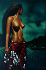Nude; Polynesian topless nude; Hawaiian; Original Oil painting on Black Velvet by Zenon Matias Jimenez- #JM146