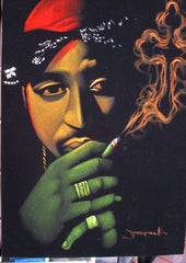 Tupac Shakur portrait; 2Pac  ; Smoke cross;  Original Oil painting on Black Velvet by Zenon Matias Jimenez- #JM18
