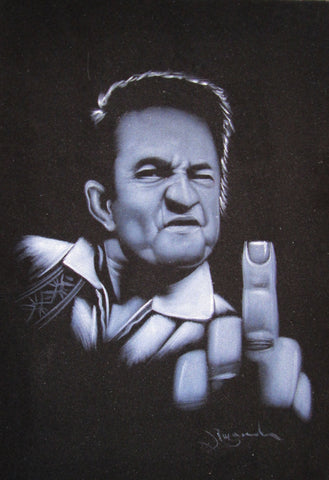 Johnny Cash portrait; Middle Finger ; Original Oil painting on Black Velvet by Zenon Matias Jimenez- #JM22