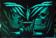 Bob Marley & Skull portrait; Robert Nesta "Bob" Marley; Teal color, Original Oil painting on Black Velvet by Zenon Matias Jimenez- #JM34