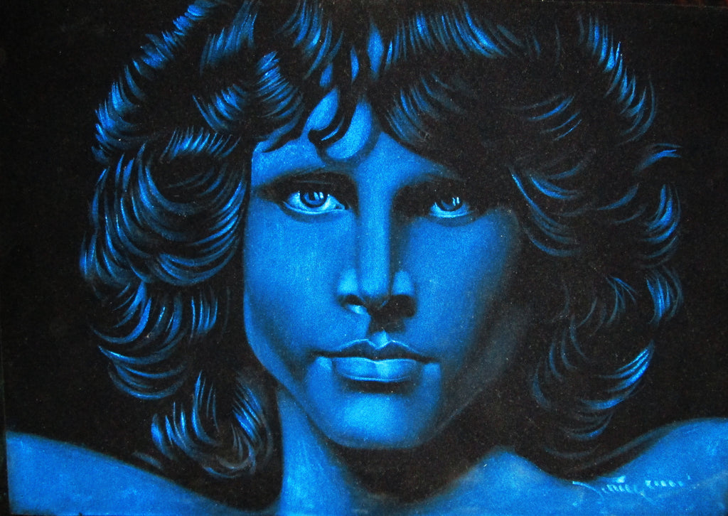 Jim Morrison Portrait in Blue ; Original Oil painting on Black Velvet by Zenon Matias Jimenez- #JM42