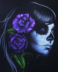 Skull Girl portrait;  Purple rose; Day of the Dead ; Calavera; Original Oil painting on Black Velvet by Zenon Matias Jimenez- #JM51