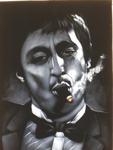 Tony Montana portrait; Al Pacino; Scarface; Original Oil painting on Black Velvet by Zenon Matias Jimenez- #JM70