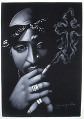 Tupac Shakur portrait; 2Pac  ; Smoke cross;  Original Oil painting on Black Velvet by Zenon Matias Jimenez- #JM73