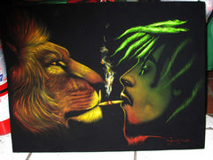 Bob Marley and lion smoking,  reggae colors ; Original Oil painting on Black Velvet by Zenon Matias Jimenez- #JM81