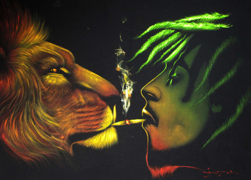 Bob Marley and lion smoking,  reggae colors ; Original Oil painting on Black Velvet by Zenon Matias Jimenez- #JM81