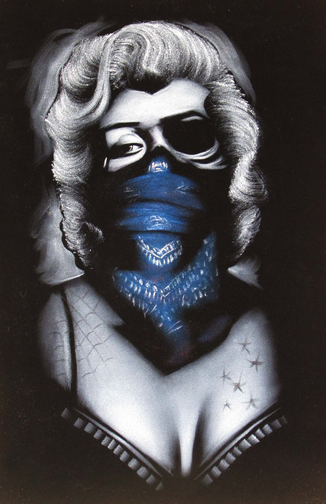 Marilyn Monroe; Calavera day of the dead portrait; Blue Scarf bandana; Eye patch; Original Oil painting on Black Velvet by Zenon Matias Jimenez- #JM83