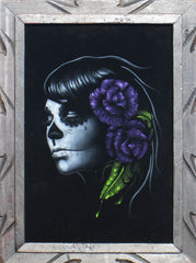 Skull Girl portrait;  Purple rose; Day of the Dead ; Calavera; Original Oil painting on Black Velvet by Zenon Matias Jimenez- #JM95