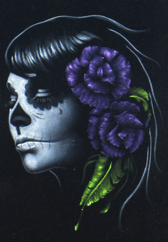 Skull Girl portrait;  Purple rose; Day of the Dead ; Calavera; Original Oil painting on Black Velvet by Zenon Matias Jimenez- #JM95