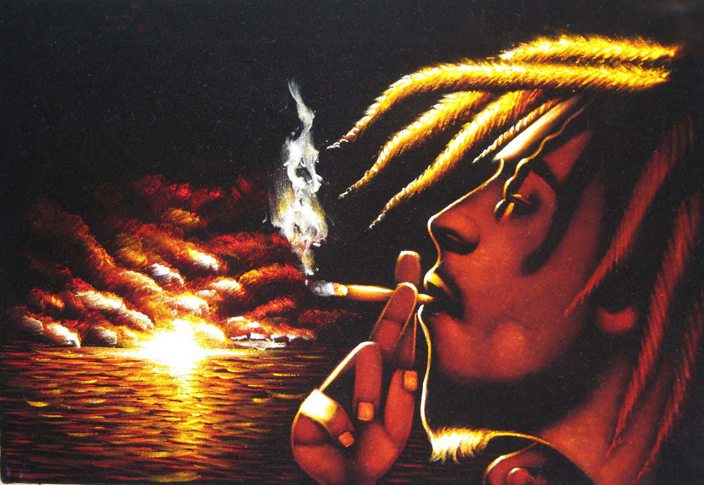 Bob Marley with sunset ; Smokes; Jamaican reggae singer ; Original Oil painting on Black Velvet by Zenon Matias Jimenez- #JM09