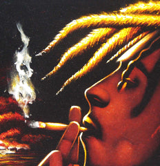 Bob Marley with sunset ; Smokes; Jamaican reggae singer ; Original Oil painting on Black Velvet by Zenon Matias Jimenez- #JM09