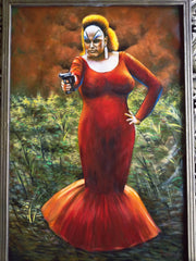 Divine In Pink Flamingos portrait red dress John Waters Oil Painting Canvas size 36"x24" by Palomares PM57